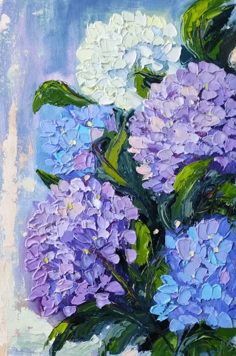 Hydrangea Painting Flower Original Artwork Impasto Oil - Etsy Blue Hydrangea Painting, Large Flower Wall Art, Dark Blue Hydrangea, Hydrangea Artwork, Hydrangeas Art, Hydrangea Painting, Acrylic Painting Flowers, Painting Frame, Painting Flower