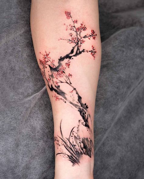 Cherry Blossom Tattoo Men, Tattoo Buddhist, Jing Jang, Tattoo Jesus, Tattoo Mother, Brown Tattoo, Beast Tattoo, Friends Tattoo, Wrap Around Tattoo