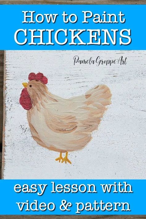 You can paint these fun chickens. Step by step tutorial with free video and pattern. Painting hens in acrylics is fun and so easy. Beginner friendly tutorial. #acrylicpainting #paintchickens Painting Lesson, Rooster Painting, Chicken Crafts, Chicken Painting, Acrylic Painting Lessons, Chicken Art, Simple Acrylic Paintings, Happy Paintings, Step By Step Painting