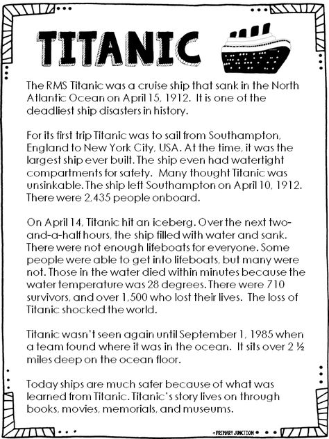 https://www.teacherspayteachers.com/Product/Titanic-Read-All-About-It-230589 Titanic Birthday, Titanic Party, Learn To Read English, Reading Comprehension Texts, Titanic Facts, Summer Review, English Stories For Kids, Study English Language, Reading Comprehension Lessons