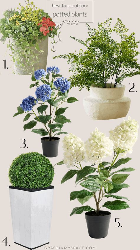 Save time and money with the best faux plants for your front porch. No more watering. Invest once and they last for years to come! #fauxplants #frontporch #frontporchideas #outdoorplants #fakeplants #plants #fauxoutdoorplants #fauxpottedplants #fauxstems #fauxflowers Artificial Plants For Front Porch, Front Porch Plants Year Round, Fake Outdoor Plants Landscaping, Faux Plants For Front Porch, Plants For Front Porch, Best Faux Plants, Front Porch Planter Ideas, Plants For Planters, Faux Outdoor Plants