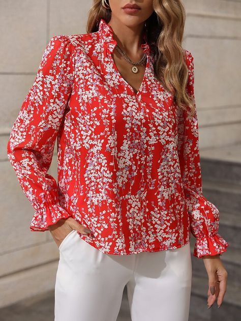 Ditsy Floral Print Flounce Sleeve Blouse | SHEIN USA Ditsy Floral Top, Lantern Sleeve Top, Ditsy Floral Print, Flounce Sleeve, Women Blouses, Orange Fashion, Blouse Outfit, Work Attire, Red Blouses