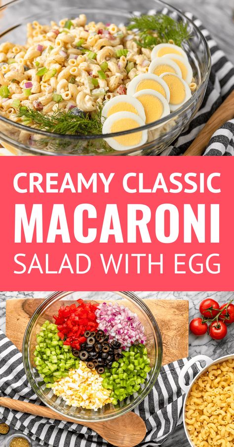 Mom's Classic Homemade Macaroni Salad With Egg -- this easy macaroni salad with egg recipe makes a BIG batch for your cookout and has a bit of a surprising combination of ingredients in its creamy dressing. Filled with fresh veggies and hard boiled eggs, it's always a crowd favorite! #macaroni #macaronisalad #cookout #cookoutfood #sidedishrecipes #bbqrecipe #bbqsides #easyrecipe #picnicfood #summerrecipes #summersidedish #classicrecipes #4thofjulyrecipes #fourthofjuly Macaroni Salad With Egg, Old Fashioned Macaroni Salad, Salad Pasta Recipes, Salad With Egg, Homemade Macaroni Salad, Salad Board, Salad Taco, Salad Macaroni, Easy Macaroni Salad