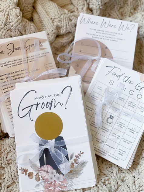 I love adding the special touch of personalized bridal shower games to each event Bridal Shower Boho, Bridal Shower Bachelorette Party Ideas, Alex Evans, Games Wedding, Boda Ideas, Bridal Boxes, Cha Bar, Name Place Cards, Boho Bridal Shower