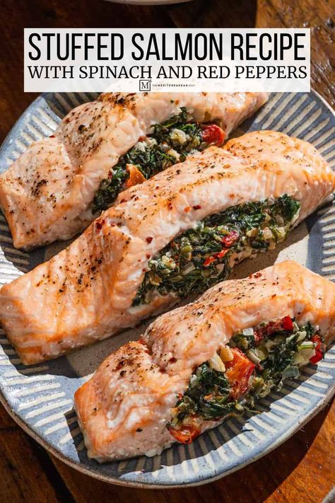 Stuffed Salmon with Spinach, Capers, and Greek Yogurt Salmon Spinach Recipes, Mediterranean Lunches, Spinach Stuffed Salmon, Stuffed Salmon Recipe, Greek Salmon, Salmon With Spinach, Fish Entrees, Stuffed Salmon, The Mediterranean Dish