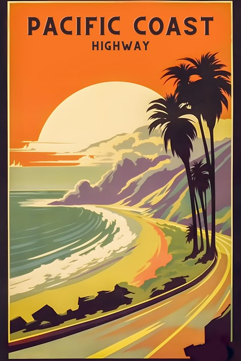 Vintage travel posters - high-quality and high-resolution downloadable prints. 1. DOWNLOAD 2. PRINT 3. FRAME Dimensions: 12x18, 16x24, 20x30, and 24x36 - 300 dpi (2300 x 3500) Aspect Ratio: 3:2 Vintage Vacation Posters, California Travel Poster, Old Travel Posters, Vintage Travel Ads, Travel Postcards Aesthetic, Posters California, Vintage Posters Travel, Poster Styles, Art Deco Travel Posters