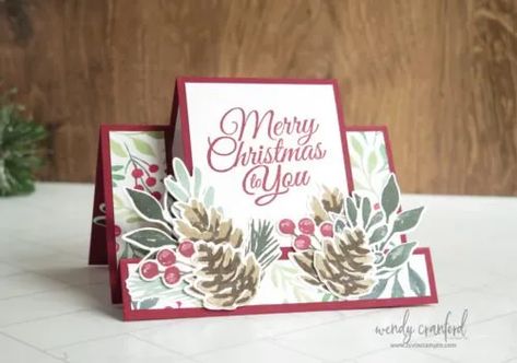 Su Christmas Cards Ideas, Stampin Up Holiday 2023, Fun Fold Christmas Cards Tutorials, Stampin Up Christmas Cards 2023, Fun Fold Card Ideas, Christmas Pinecones, Folded Christmas Cards, Center Step Cards, Stampin Up Weihnachten