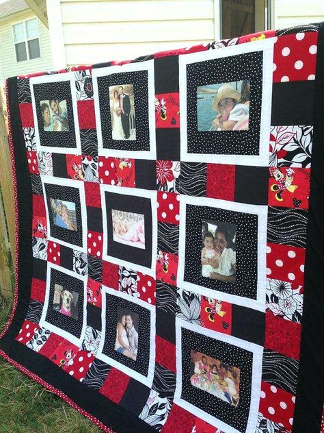 33 Amazing Photo Quilt Patterns & Ideas Photo Memory Quilt, Disney Sewing, Wedding Quilts, Grandparents Activities, Tshirt Quilts, Shirt Blanket, Scrap Quilting, Car Quilt, Quilt Panels