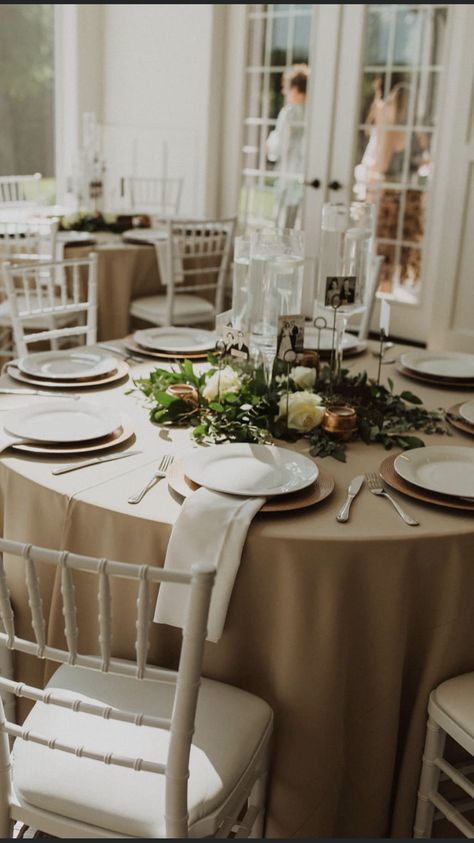 Khaki Table Linens Wedding, Beige Table Linens Wedding, Tan Table Linens Wedding, Wedding Tables With Tablecloths, Beige Satin Tablecloth Wedding, Reception Table Cloth Ideas, Tan Table Cloth Wedding, Muslin Table Runner Wedding, Sandalwood Table Linen Wedding