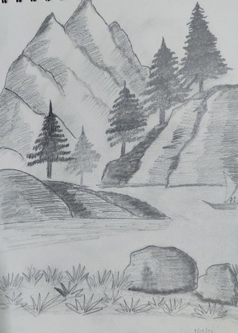 Sketches Nature Landscapes, Forest Sketch Pencil, Forest Drawing Pencil Easy, Easy Forest Drawings, Black And White Sketches Pencil, Easy Landscape Drawing Ideas, Forest Drawing Sketch, Easy Nature Sketches, Forest Drawing Simple