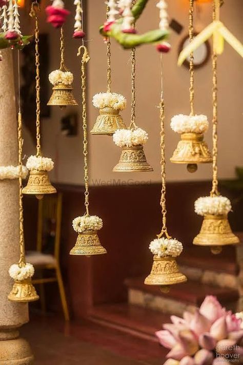 Wedding Hall Decorations, Diwali Decorations At Home, Temple Bells, Indian Theme, Housewarming Decorations, Ganpati Decoration Design, Mandap Decor, Marriage Decoration, Desi Wedding Decor