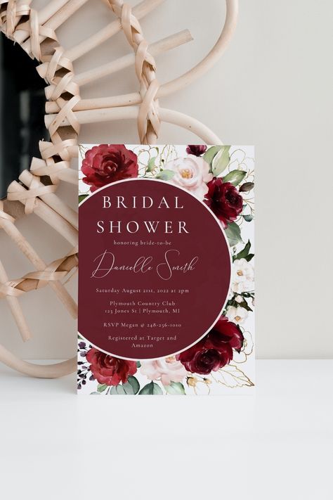 Bridal Shower Burgundy And Blush, Red Bridal Shower Ideas, Wedding Shower Centerpieces, Burgundy Wedding Theme, Blush Wedding Theme, Blush Bridal Showers, Templates Edit, Invitations Template, Floral Invitations Template