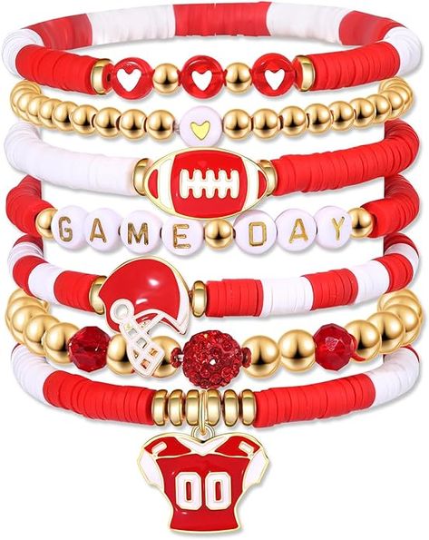 Team Mom Football Gifts, Football Mom Outfit, Holiday Bracelet, Football Jewelry, Heishi Bracelets, Bracelets Red, Football Bracelet, Women Football, Heishi Bracelet