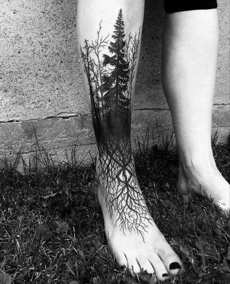 Forest Leg Tattoos Women, Dark Ankle Tattoo Cover Up, Nature Shin Tattoo, Raven Shin Tattoo, Tree Shin Tattoo, Tree Silloutes Tattoo, Tree Climbing Tattoo, Tree Leg Tattoo For Women, Tattoos For Feet Ideas For Women