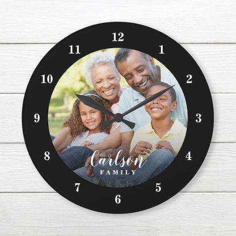 Custom Photo And Family Name Personalized Large Clock #zazzle #weddinginvitations #birthdayinvitations #babyshowerinvitations #zazzleinvitations #monogram #businesscards #graduation #homedecor First Home Together, Photo Wall Clocks, Photo Clock, Unique Photo Gifts, Gift For Newlyweds, Christmas Pregnancy Announcement, Home Together, Best Housewarming Gifts, Unique Christmas Gift