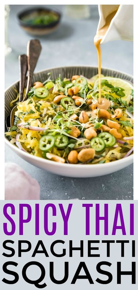 Healthy Spicy Thai Spaghetti Squash | Light, yet satisfying & ridiculously easy to make, this dish is perfect for lunch and dinner, or you can top it with rotisserie chicken for a more substantial meal! #Thai #spicy #spaghetti #squash #salad #healthy #recipe via @nospoonn Spaghetti Squash Asian, Thai Spaghetti Salad, Thai Spaghetti Squash, Spaghetti Squash Salad, Thai Spaghetti, Best Spaghetti Squash Recipes, Spaghetti Squash Recipes Healthy, Parmesan Spaghetti Squash, Spicy Spaghetti