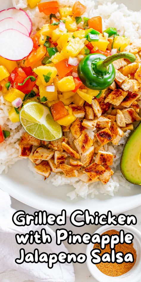 Chicken with pineapple jalapeno salsa Grilled Chicken With Pineapple, Jerk Chicken With Pineapple, Chicken With Pineapple Salsa, Pineapple Pico, Jalapeño Salsa, Chicken With Pineapple, Grilled Pineapple Chicken, Pineapple Chicken Recipes, Chicken Pineapple