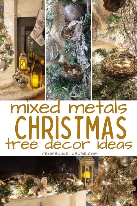 I love the mix of gold, silver and copper Christmas ornaments on this elegant Christmas tree. Very pretty Christmas decor for the living room. Copper Gold Silver Christmas Tree, Metallics Christmas Decor, Bronze And Silver Christmas Tree, Copper And Silver Christmas Tree, White Silver Copper Christmas Tree, Gold Silver Bronze Christmas Tree, Green And Metallic Christmas Tree, Mixed Metal Christmas Decor, Christmas Tree Decorations Gold Silver