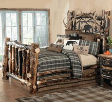 Aspen Log & Antler Bed with Metal Art Bear - Full Cabin Themed Bedroom, Northwoods Decor, Log Bedroom Furniture, Rustic Bedroom Design, Log Bed, Log Cabin Furniture, Rustic Bedroom Furniture, Barnwood Furniture, Cabin Furniture