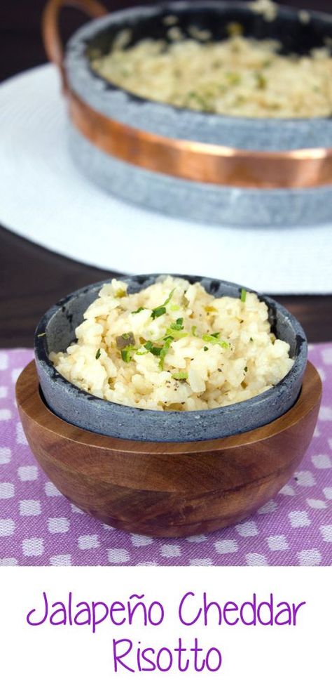 Jalapeño Cheddar Risotto -- Contrary to popular belief, risotto is incredibly easy to make and worth every second of stirring. This Jalapeño Cheddar Risotto is packed with flavor from lime juice, jalapeño pepper, and sharp cheddar cheese | wearenotmartha.com #risotto #jalapeno #cheddar #dinner Cheddar Risotto, Cheddar Rice, Farro Risotto, Thanksgiving Apps, Sides Dishes, Jalapeno Cheddar, Risotto Recipes, Sharp Cheddar, Sharp Cheddar Cheese