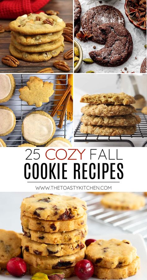 25 cozy fall cookie recipes, a roundup by The Toasty Kitchen. Looking for new cookie ideas for your favorite fall holidays? Today I'm sharing 25 cozy fall cookie recipes that are perfect for cool autumn weather and staying indoors. #fallcookies #fallcookierecipes #cookierecipes #recipes #thanksgiving #halloween Fall Cookie Recipes Autumn, Fall Flavored Cookies, Fall Cookie Flavors, Autumn Cookie Recipes, Cookie Recipes Fall, Coffee Cake Cookies, Autumn Cookies, Easy Icing, Fall Cookie Recipes