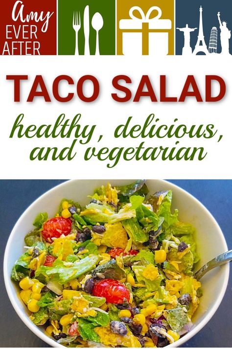 Looking for a better alternative to a taco salad, without that fattening shell? Try this healthy taco salad recipe! It's quick, easy, delicious, and vegetarian. #tacosalad Salad Without Meat, Healthy Taco Salad Recipe, Healthy Taco Salad, Taco Salad Recipe Healthy, Easy Taco Salad Recipe, Taco Salad Bowls, Taco Salad Recipe, Healthy Taco, Healthy Tacos Salad