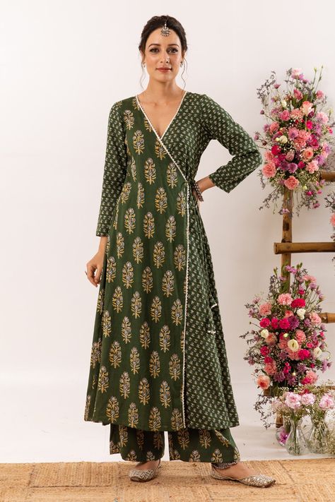 Shop for Rivaaj Clothing Green Rayon Cotton Floral Block Print Angrakha And Palazzo Set for Women Online at Aza Fashions Angrakha Style Kurti Cotton, Angrakha Kurta For Women, Angarkha Kurti, Angrakha Style Kurti, Angrakha Kurti, Indian Mehendi, Angrakha Style, Floral Block Print, Kurta Style