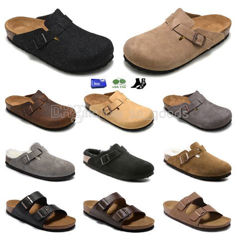 Designer Boston Clogs Sandals Slippers Arizona Mayari Shearling Mules Cork Flat Fashion Suede Summer Leather Slide Favourite Beach Casual Shoes Women Men Leather Beach Slippers With Buckle Closure, Beach Slip-on Mules With Leather Footbed, Beach Slip-on Slippers With Leather Sole, Leather Lined Slip-on Mules For Beach, Slip-on Rubber Sole Mules For The Beach, Clogs Sandals, Boston Clogs, Sandals Slippers, Clog Sandals