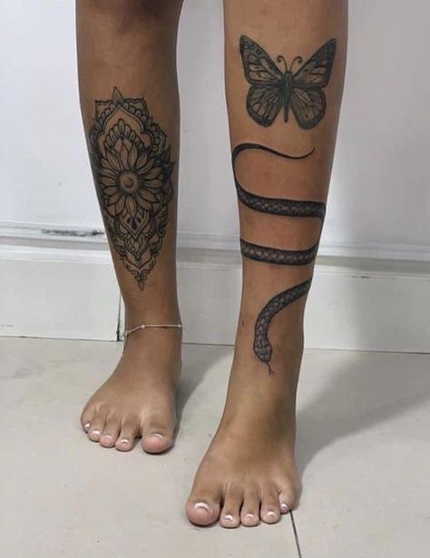 Bottom Leg Tattoo For Black Women, Front Leg Tattoos Women, Calve Tattoos For Women, Leg Tattoo Black Women, Back Of The Leg Tattoos For Women, Pretty Foot Tattoos For Women, Front Leg Tattoo, Leg Tattoos Black Women, Women Leg Sleeve Tattoo Ideas