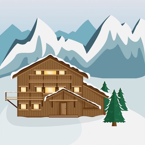 Chalet En Bois Confortable Dans Les Mont... | Premium Vector #Freepik #vector #chalet-montagne #station-ski #montagne-ski #chalet-neige Cabin In Winter, Wooden Chalet, Landscape Vector Illustration, Landscape Vector, Wood Cabin, Ski Chalets, Flat Style, Ski Resort, Winter Landscape