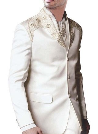 Mens Cream Party Wear 4 Pc Suit Embroidered