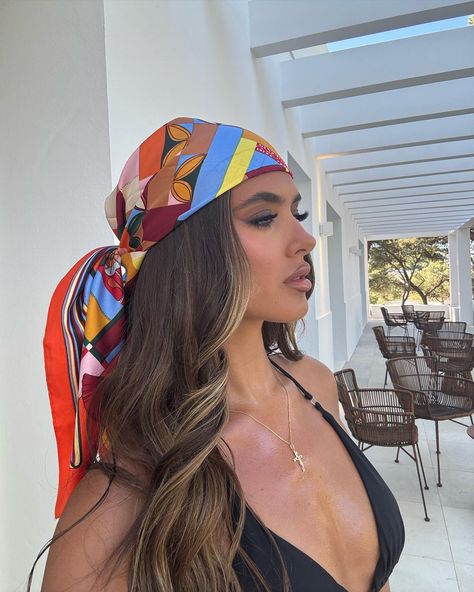 🧡✨🍒.. Print Bandanas! Www.sorelleuk.com Bathing Suits With Head Scarf, Head Scarf With Bathing Suit, Head Scarf Bandana, Silk Bandana Hairstyles, Head Scarf Hairstyles, Bandana On Head, Headscarf Outfit, Cruise Photoshoot, Outfit Bandana