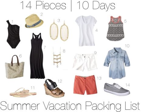 Fourteen piece, ten day summer vacation packing list with ten outfits and printable packing list!  http://getyourprettyon.com/ten-day-summer-vacation-packing-list/ Summer Vacation Packing List, Spring Break Packing List, Summer Vacation Packing, Mexico Vacation Outfits, Summer Vacation Style, Vacation Packing List, Summer Packing, Packing List For Vacation, Summer Vacation Outfits