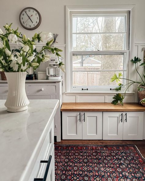 Schoolhouse (@schoolhouse) • Instagram photos and videos Low Window In Kitchen, Cabinets Under Window, Kitchen With Bay Window, Low Window, Kitchen Bay Window, House Kitchen, Bay Window, Kitchen Counter, First Home