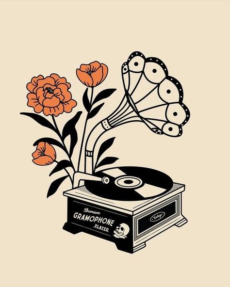 Daphna Sebbane | Vintage record player . . . . . . . . #vintagestyle #illustration #recordplayer #musicmerch #peonytattoo #blackworknow #radtrad… | Instagram Vinyl Drawing Simple, Folk Music Tattoo, Record Player Painting, Vinyl Record Illustration, Record Player Drawing, Record Player Illustration, Record Illustration, Record Tattoo, Record Player Tattoo