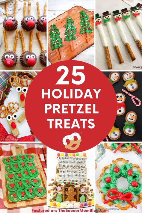 Holiday Pretzel Treats Christmas Candy, Christmas Baking Ideas Pretzels, Pretzel Snowman Treats, Raindeer Chocolate Pretzels, Christmas Pretzel Treats Simple, Pretzel Dessert Christmas, Snowman Pretzel Sticks, Candy Cane Snacks, Christmas Pretzels Treats