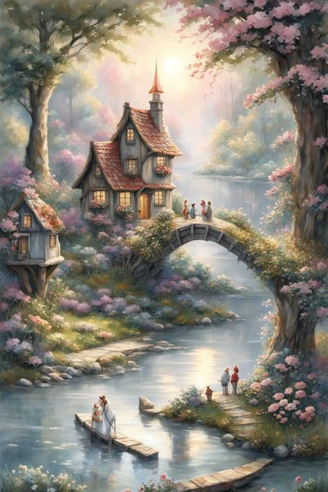 In a whimsical by voisard - Playground Fairy Tale Landscape, Clip Art Frames Borders, Fairytale Cottage, Art Frames, Painting Inspo, 1000 Piece Jigsaw Puzzles, Create Art, Image Generator, Enchanted Forest