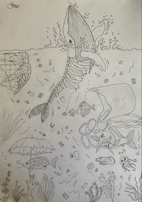 Marine Pollution Drawing, Ocean Pollution Drawing, Environmental Pollution Drawing, Environmental Pollution Art, Pollution Drawing Ideas, Drawing Of The Ocean, Plastic Pollution Art, Pollution Drawing, Pollution Art