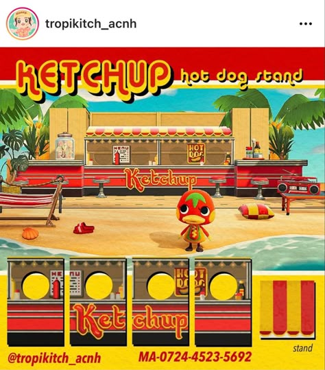 Acnh Foodcore, Pride Rock, Crossing Sign, Hot Dog Stand, Palm Spring, Island Theme, Animal Crossing Guide, Animal Crossing Wild World, Stall Designs