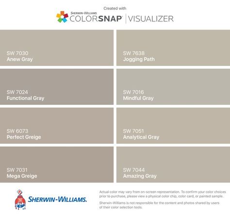 I found these colors with ColorSnap® Visualizer for iPhone by Sherwin- Williams: Anew Gray (SW Functional Gray (SW Perfect Greige (SW Mega Greige (SW Jogging ... Serpentine Pavilion, Paint Colors For House, Colors For House, Sherwin Williams Gray, Best Exterior Paint, Greige Paint, Dover White, Repose Gray, Bathroom Paint Colors