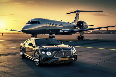 Super car and private jet on landing strip. Business class service at the airport. Business class transfer. Airport shuttle, AI Generative Luxury Airport, Private Airport, Landing Strip, Airport Taxi, Toyota Innova, Airport Shuttle, Bmw 7 Series, Benz S Class, Jaguar Xf