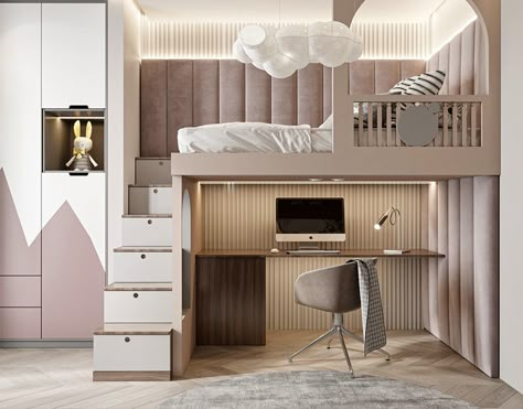 Bedroom on Behance Bed For Studio Apartment, Room Ideas Loft Bed, Loft Bed Dorm Room, Room Ideas Loft, Loft Bed Dorm, Studio Apartment Bed, Stairs Loft, Loft Bed With Stairs, Lofted Dorm Beds