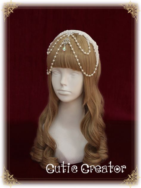 Pearl Head Piece, Decora Accessories, Hair Chains, Crystal Green, Head Piece, Head Hair, Diy Hair Accessories, Lolita Dress, Beaded Lace