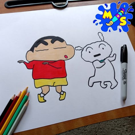 Shinchan and Shiro Dancing Together Shinchan Shiro Drawing, Shinchan Doodle, Shinchan Drawing Easy, Shinchan Drawing, Cartoon Wall Painting, Dad Drawing, Very Easy Drawing, Rosary Tattoo, Dancing Together