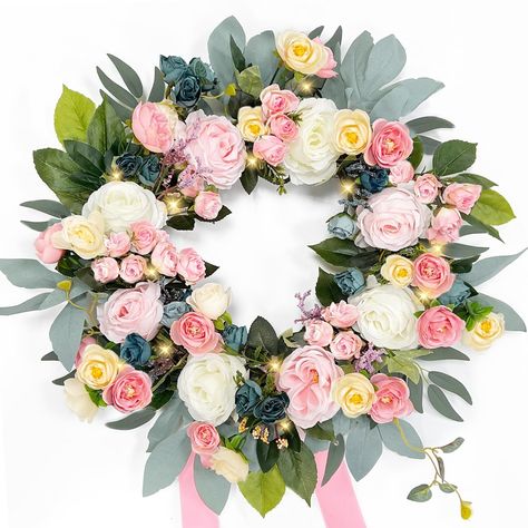 Roses Flowers Front Door Wreath 22" Lighted Valentines Day Wreath Spring 60 Fake Flowers Artificial Rose Camellia Eucalyptus Green Leafage Ribbon for Wedding Party Room Home Decor Wall Decoration Pink SPECIFICATION: The flower wreath has 8 large pink and white roses, 22 pink and champagne tea roses, 30 pink and blue camellias accented by leafage of eucalyptus, camellia, vines, tender shoots, berry clusters for natural look with a pink ribbon for DIYs MATERIAL: Crafted from silk fabric, this rose wreath sits on a base of natural grapevine tightly secured with wire. The vines on leafage are detailed and berrys clusters have lifelike textures, staying fresh and vibrant year-round LIGHTS & TIMER: A string light of warm white 20 LEDs for cozy evening vibes whether it's for candlelit dinner or r Flowers Front Door, Rose Valentines Day, Wedding Party Room, Pink And Champagne, Evening Vibes, Front Door Lighting, Pink And White Roses, Valentines Day Wreath, Eucalyptus Green