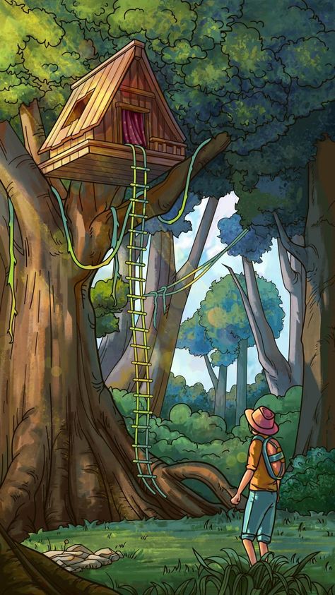 Jungle Tree, Jungle House, Anime Love Story, Illustration Nature, Cartoon House, Background Hd Wallpaper, Portrait Cartoon, Spring Tree, House Illustration