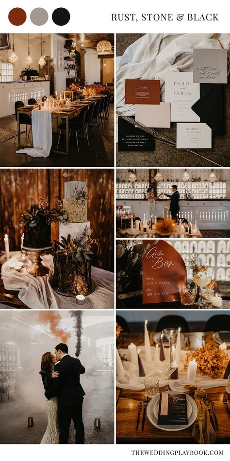 Intimate Modern Wedding Inspiration in Rust, Stone & Black | Photography: Doe and Deer Photography Black Champagne Rust Wedding, Fall Wedding Black Color Schemes, Wedding Fall Aesthetic, Black And Orange Boho Wedding, Fall Wedding Color Schemes Black, Black Green And Rust Wedding, Black Wedding Color Schemes Fall, Black Ivory And Rust Wedding, Black White Rust Wedding