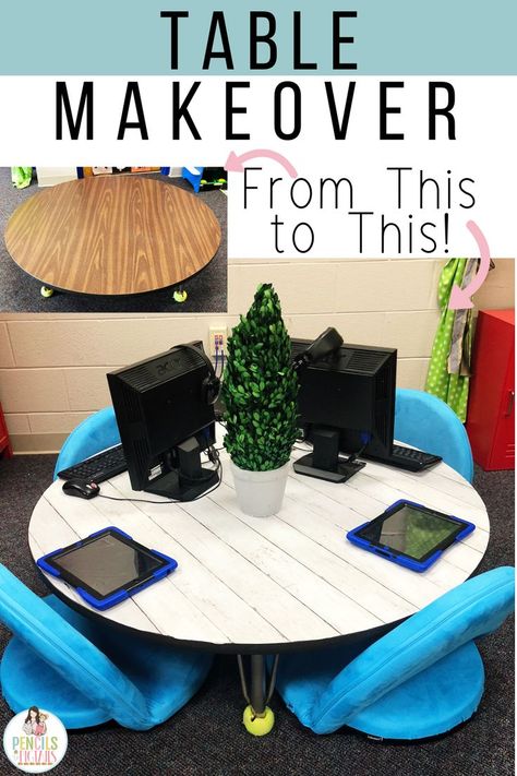 A classroom table transformation is easy with these simple and inexpensive makeover ideas! Update an old table with contact paper and some love! #classroommakeover #kindergarten #preschool #firstgrade #teacherlife Kindergarten Tables, Classroom Table, Flexible Seating Classroom, Teacher Table, Classroom Desk, School Tables, Classroom Tables, Old Table, Classroom Makeover