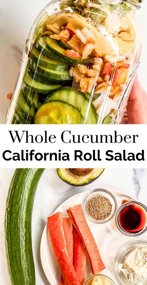 Have you tried the whole cucumber salads going viral on TikTok? This sliced cucumber California roll salad is so worth making! If you like California rolls, you'll love this easy dish. It's fresh, creamy, crispy, and has lots of great flavor! Meal Prep Cucumber Salad, Sliced Cucumber Salad, California Roll Salad Recipe, Crab And Cucumber Salad Recipe, Viral Cucumber California Roll Salad, California Cucumber Roll Salad, Crab Cucumber Salad, Cucumber Sushi Salad, Easy Cucumber Recipes