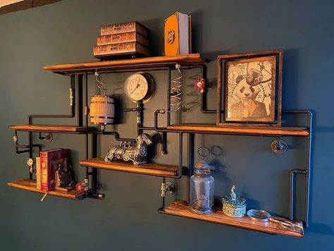 Steampunk Shelving, Kitchen Exposed Brick, Steampunk Wall Art, Industrial Wall Art, Steampunk Furniture, Steampunk Wall, Pipe Decor, Retro Industrial, Deco Retro